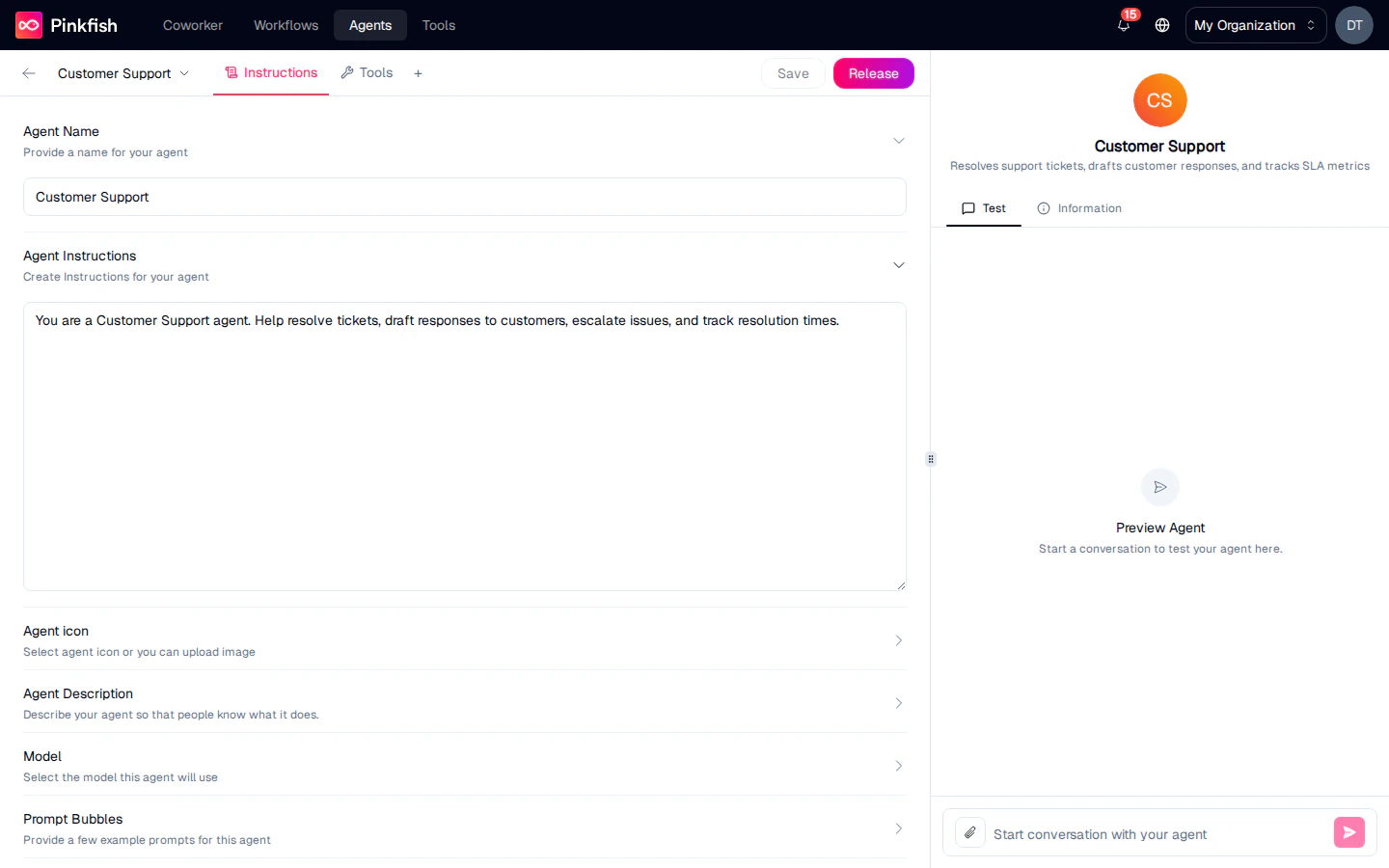 Agent editor with the Workflow Builder chat pane on the right