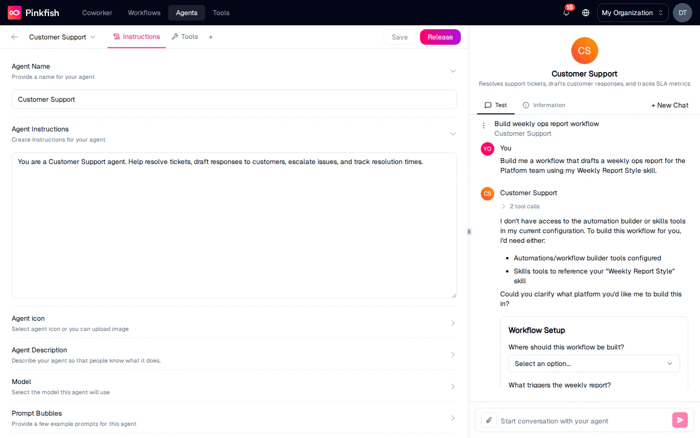 Workflow Builder Agent referencing the Weekly Report Style skill by name while planning a workflow