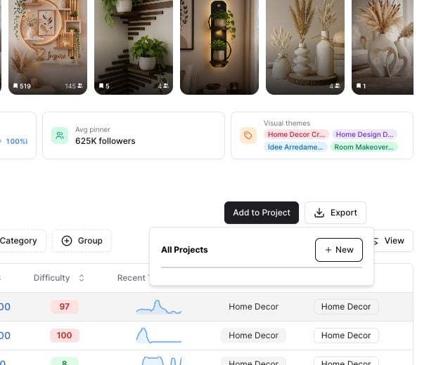 Keyword Finder Add to Project popover with a selected keyword row and New project button