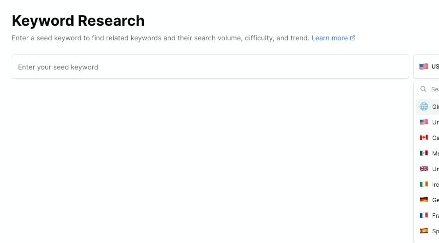 Country selector open inside Keyword Finder