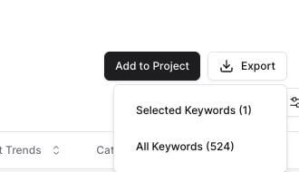 Keyword Finder export menu with selected keywords and all keywords options