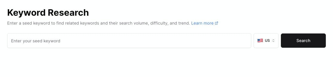 Keyword Finder search form with seed keyword input, country selector, and Search button