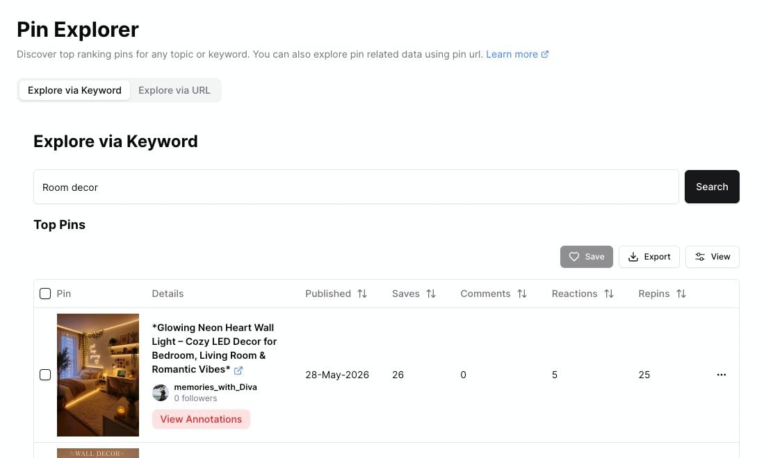 Pin Explorer opened from a Keyword Finder result with the keyword prefilled and top pins loaded