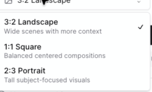 Image Aspect Ratio menu with 3:2 Landscape, 1:1 Square, and 2:3 Portrait choices