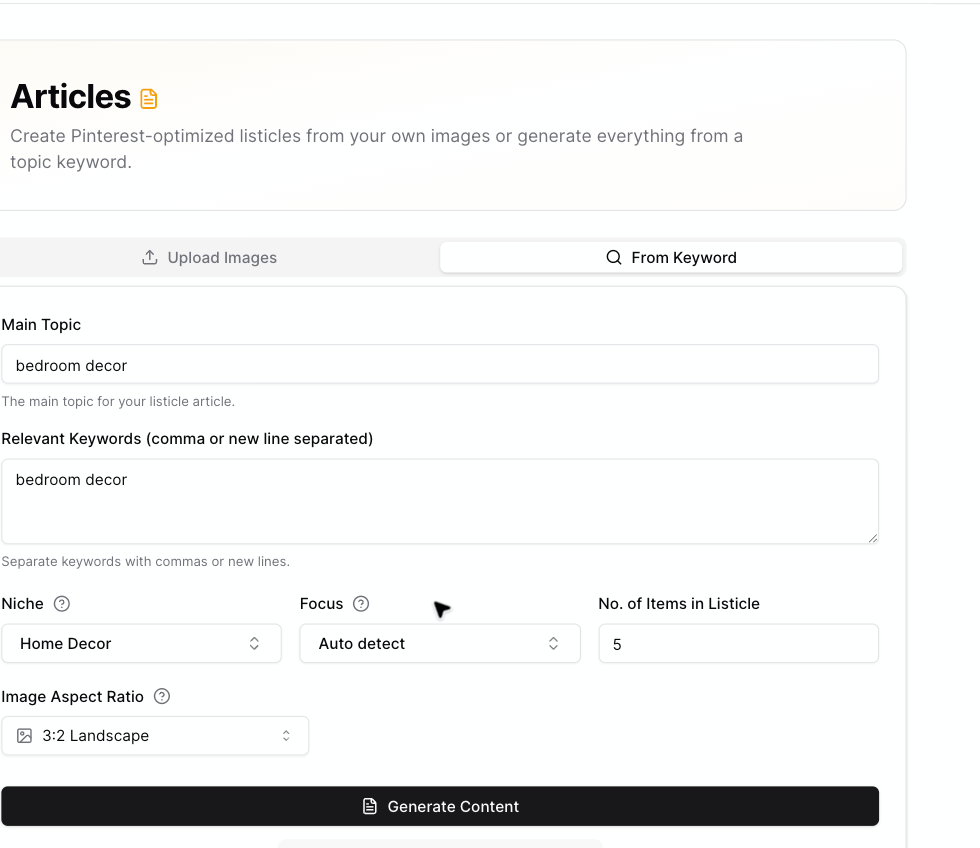 Articles From Keyword tab with main topic, keywords, niche, focus, item count, image aspect ratio, and Generate Content button