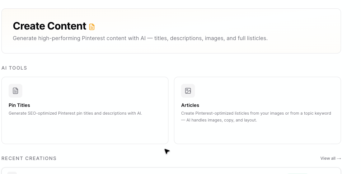 Pinsearch Create hub with Pin Titles and Articles cards