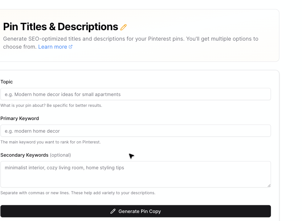 Pin Titles and Descriptions form with topic, primary keyword, secondary keywords, and Generate Pin Copy button