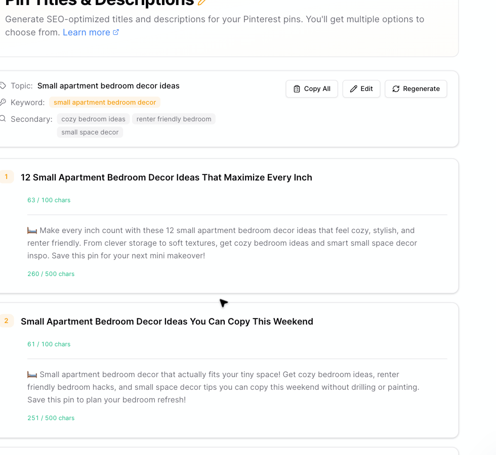 Generated Pin title and description options with Copy All, Edit, Regenerate, and Copy Option controls