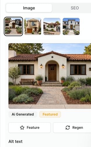 Article Editor Image tab with image thumbnails, featured image badge, Feature button, Regen button, and Alt text field