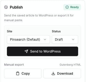 Publish panel showing Manual export with Copy and Download buttons
