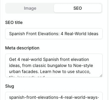 Article Editor SEO tab with SEO title, meta description, and slug fields