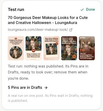 Completed automation test with five generated Pins and a link to Drafts