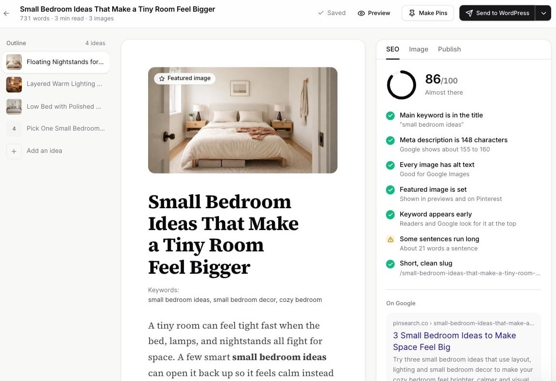 Article editor with a bedroom article, outline and SEO checklist