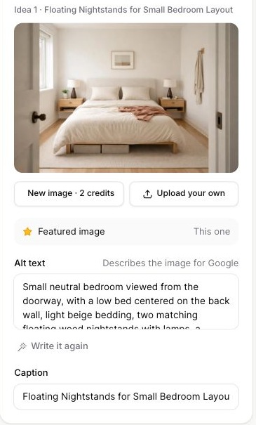 Article image panel with generated bedroom image and editing options