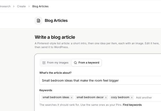 Blog Articles keyword form populated with a small bedroom topic and supporting keywords