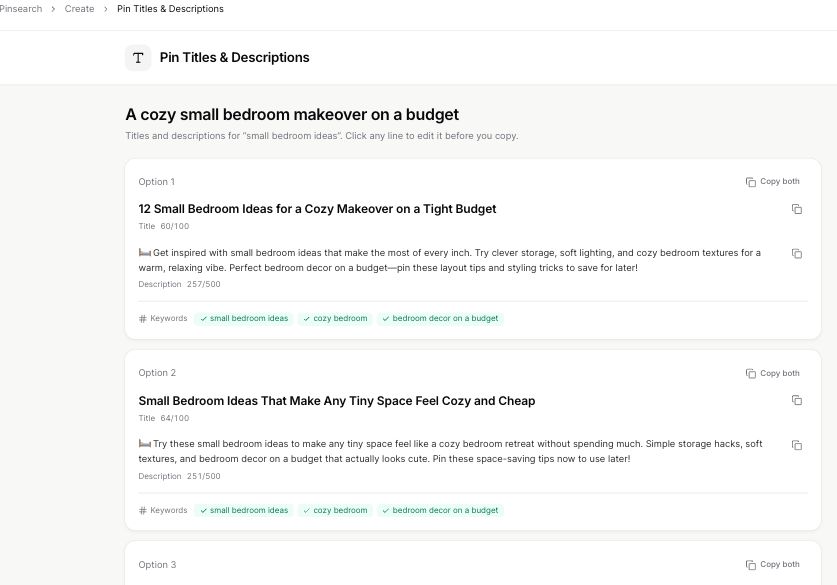Generated Pin title and description options with copy controls and keyword checks