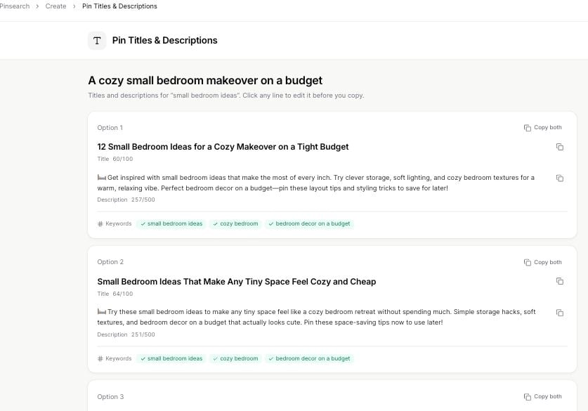 Generated Pin title and description options with copy controls and keyword checks