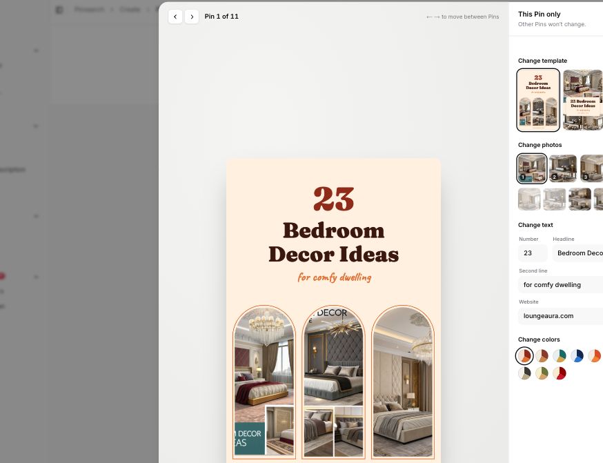Individual Pin editor with template, photos, text and color controls