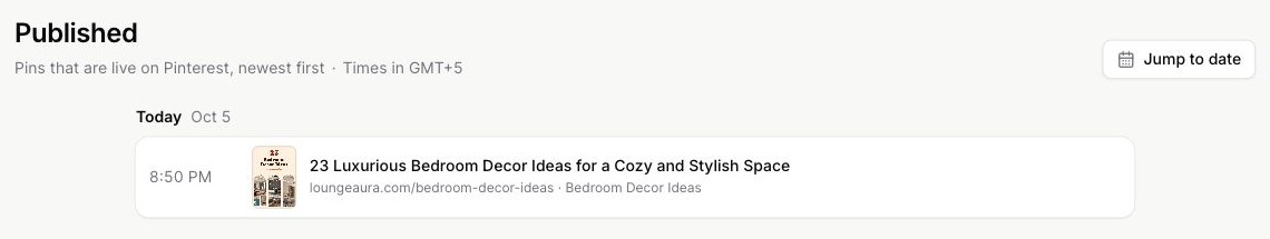 Published bedroom Pin with its board and posting time