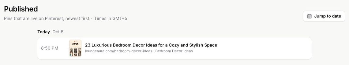 Published bedroom Pin with its board and posting time