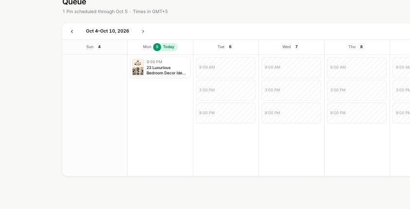 Publishing week calendar with a bedroom Pin at a queue time