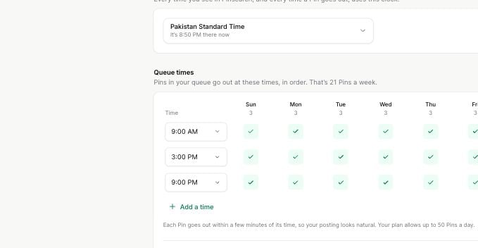 Publishing time zone and weekly queue-time grid