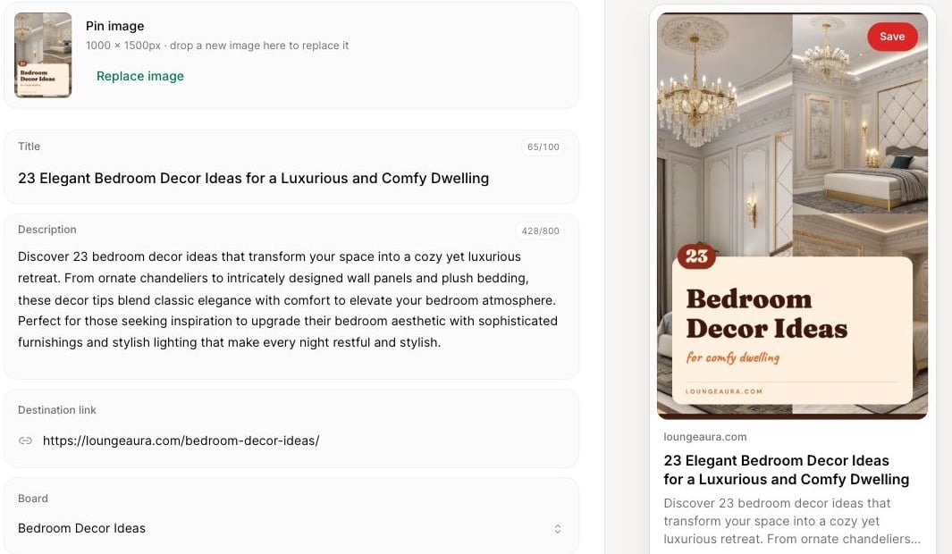 Pin editor showing a bedroom Pin, title, description, destination link, board and preview