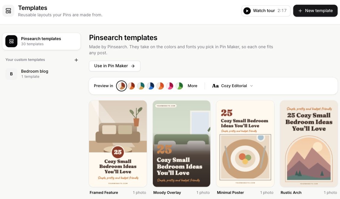Templates gallery with template sets, color palettes and font controls