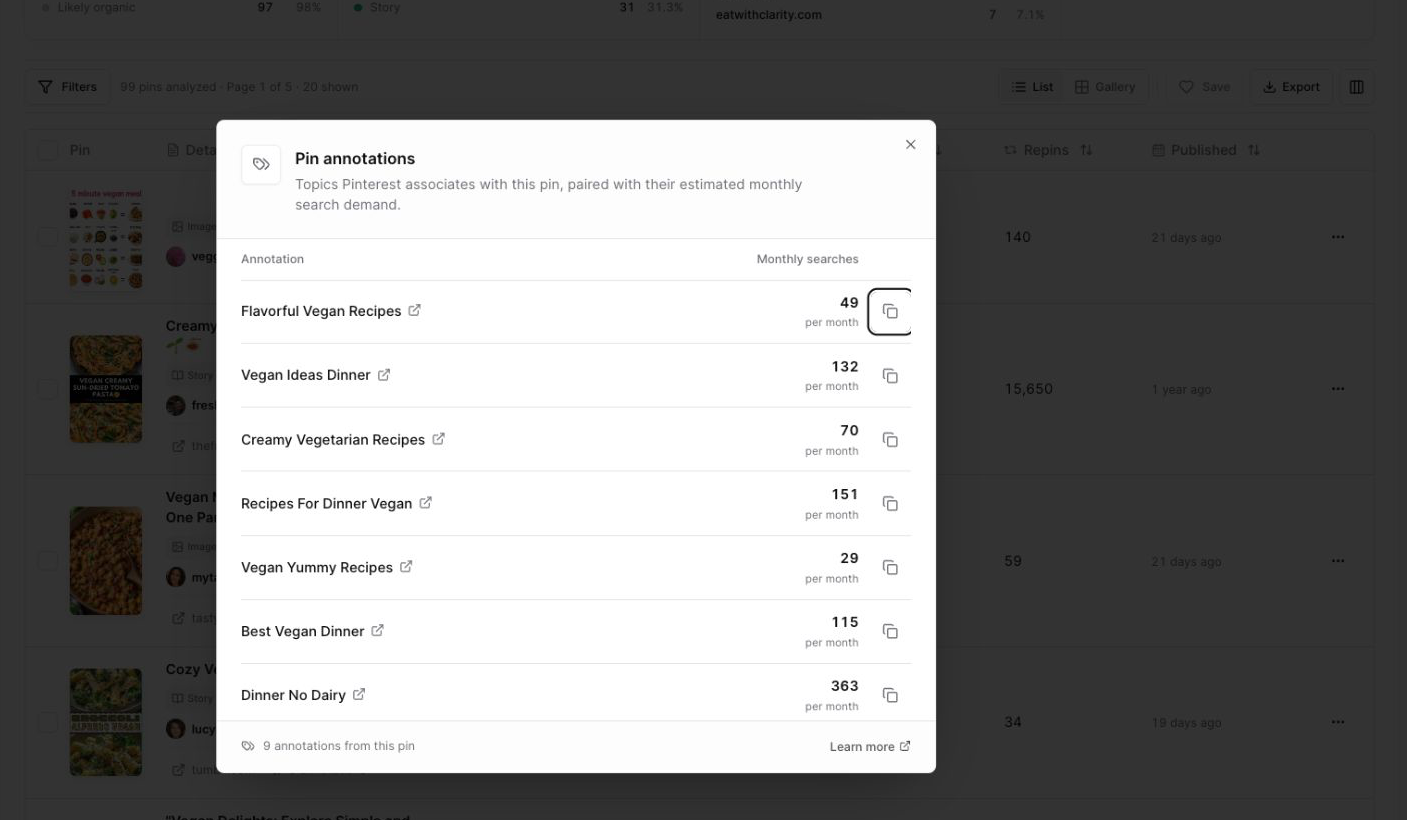 Pin Explorer annotations modal with labels and monthly searches