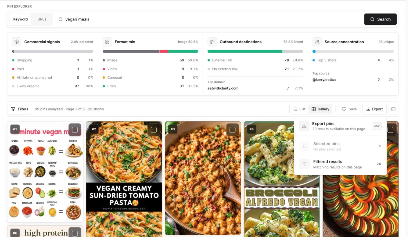 Pin Explorer export menu showing Selected pins and Filtered results