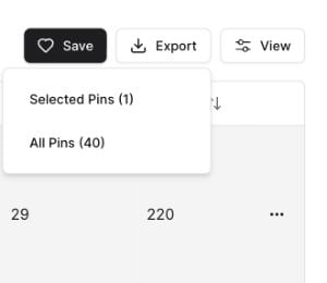 Pin Explorer export menu with Selected Pins and All Pins options