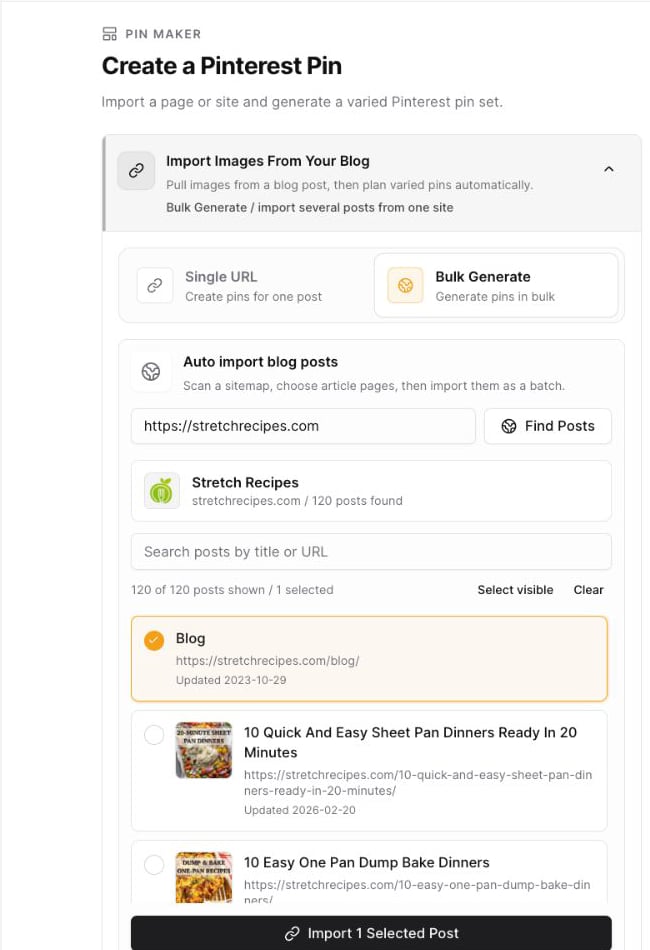Pin Maker Bulk Generate view showing a website, searchable post list, selected post, and import button