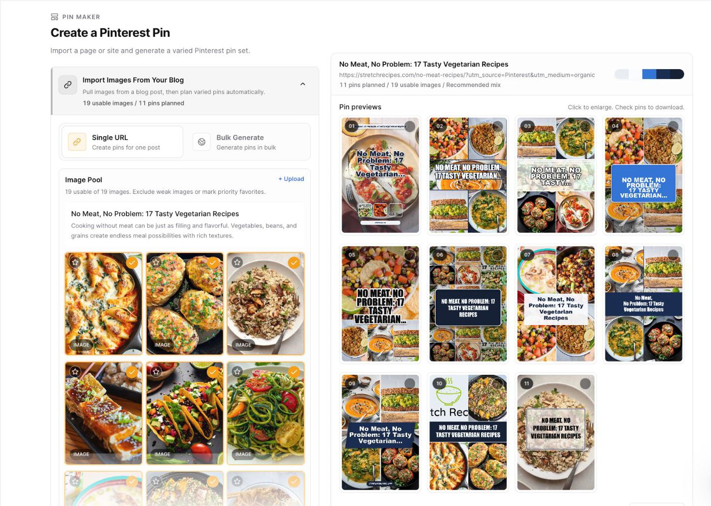Pin Maker showing imported recipe images beside eleven generated Pinterest pin previews