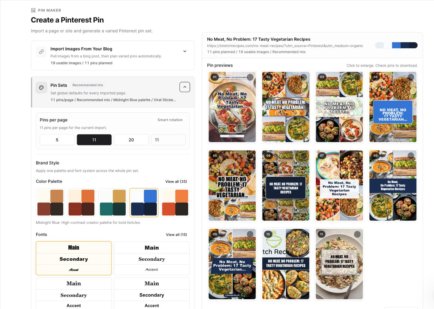 Pin Maker Pin Sets section with pin count choices, color palettes, font styles, and generated previews