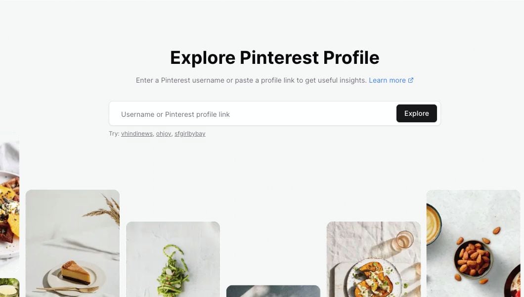Profile Explorer search page with username input and example profiles