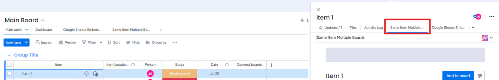 Opening the Same Item Multiple Boards item view