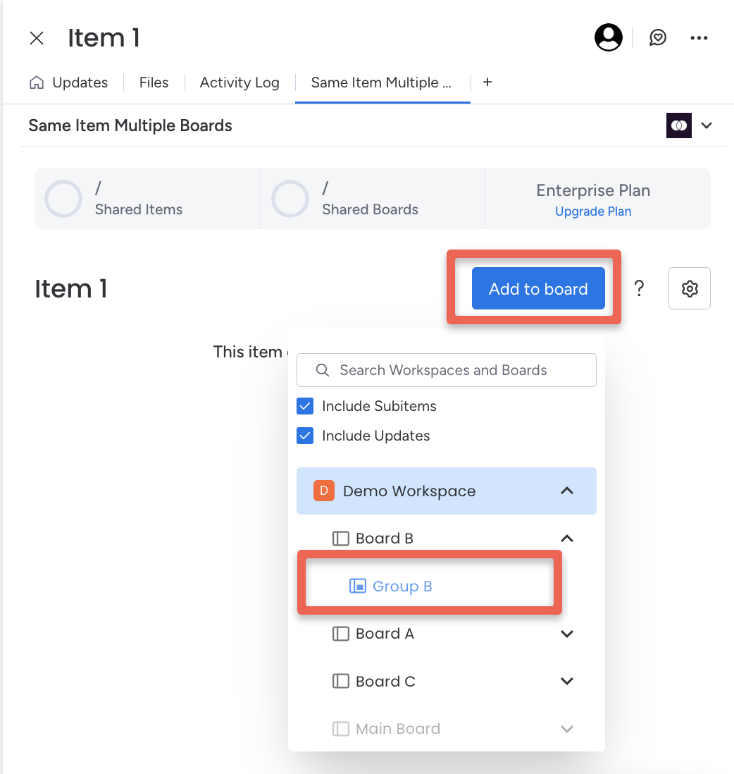 Selecting the destination board in the SIMB item view