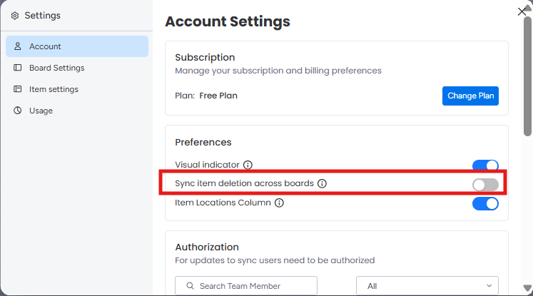 Toggling off "Sync item deletion across boards" in SIMB Settings