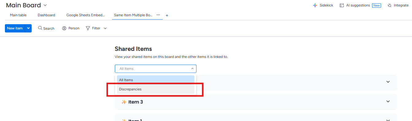 Selecting Discrepancies from the dropdown menu in the SIMB view
