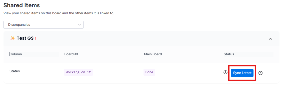 Sync to latest value button aligning mismatched column values between boards