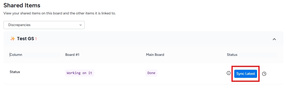 Sync to latest value button aligning mismatched column values between boards