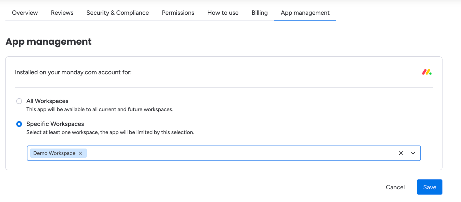 SIMB installation scope showing workspace access settings