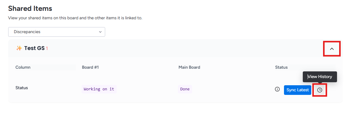 An expanded discrepancy item showing its change history