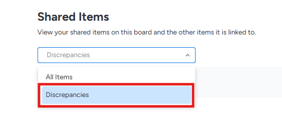 The All items dropdown expanded showing the Discrepancies option