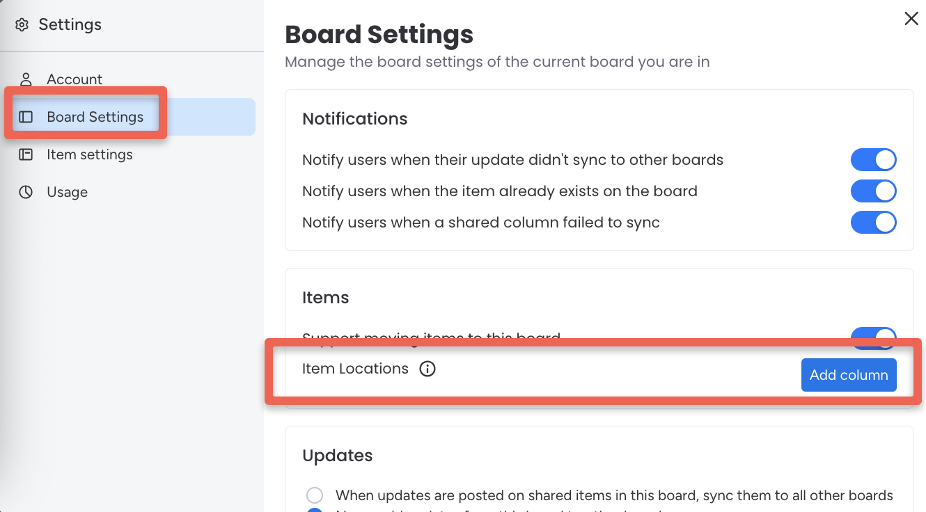 The Add Column button next to Item Locations in Board Settings