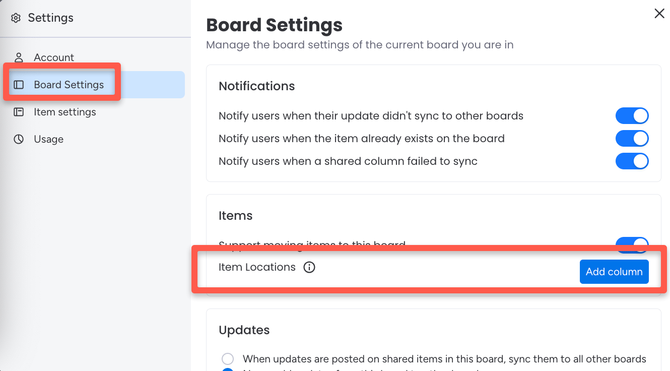 The Add Column button next to Item Locations in Board Settings
