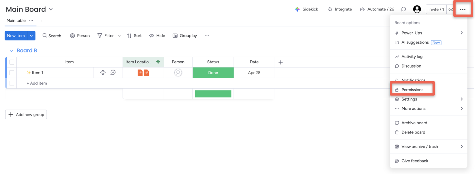 Board permissions panel with item-creation access