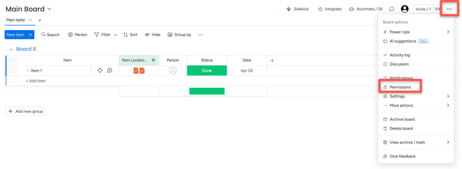 Board permissions panel with item-creation access