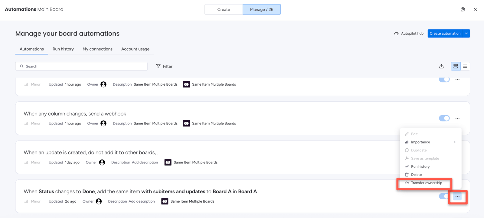 Transferring ownership of a SIMB automation