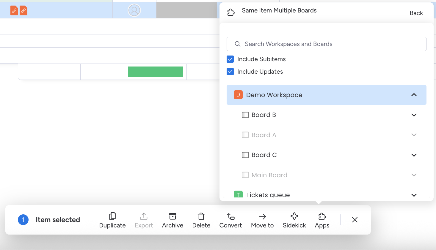 Choosing the destination board and group for the promoted subitems